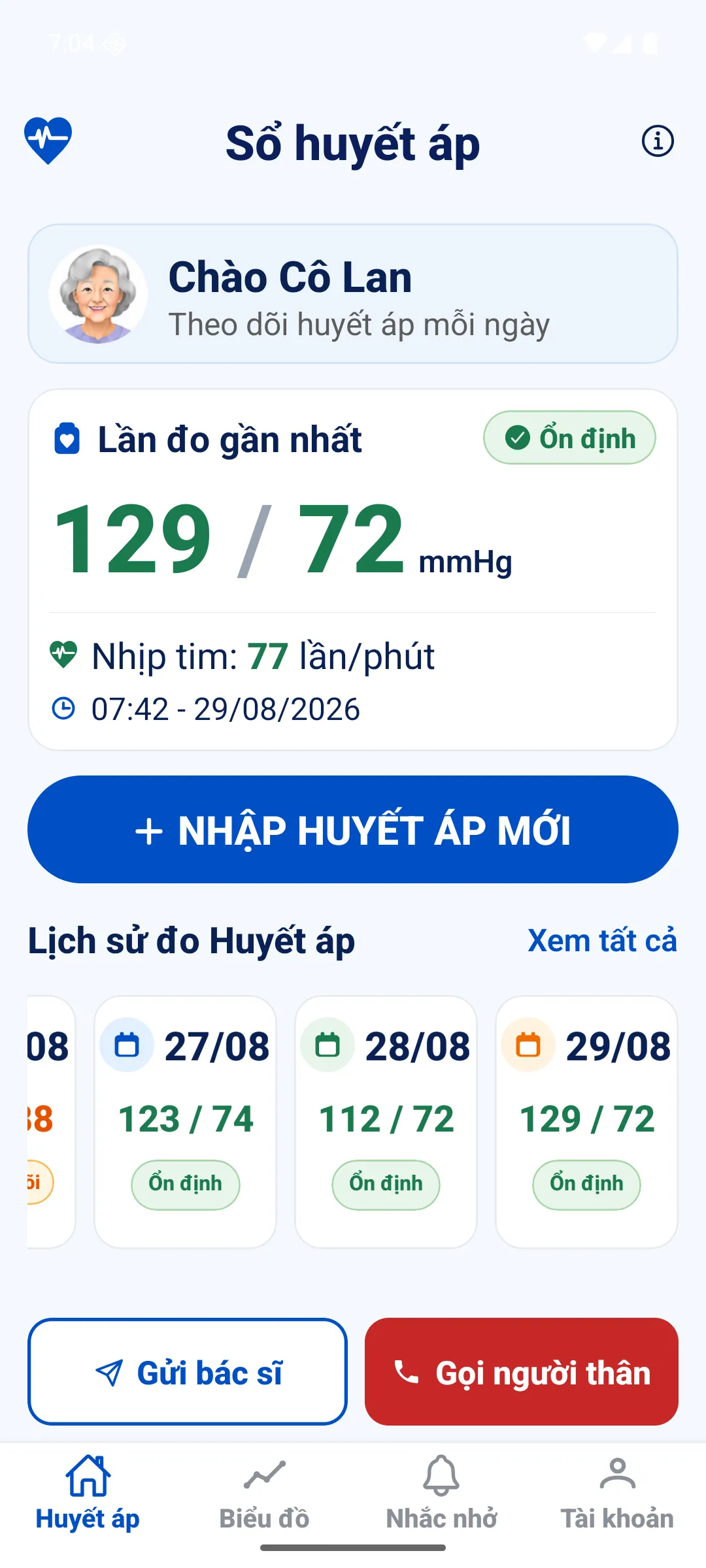 Màn hình Trang chủ của app Huyết áp